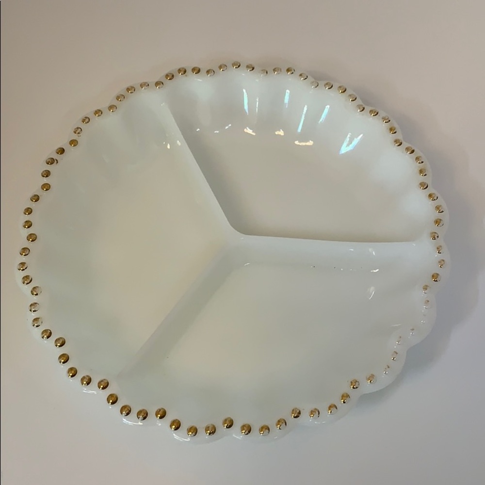 Vintage Milk Glass w/ Gold Detail Divided Dish
